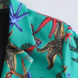 the shoulder part of the turquoise blazer