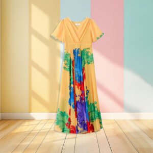 yellow boho dress front view, pastel colored wall in the background