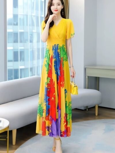 woman wearing yellow boho dress and beige shoes