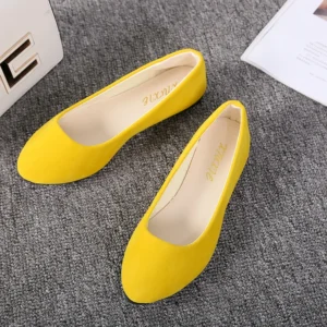 yellow flats front view, standing on a grey carpet