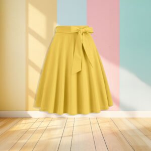 yellow skirt front view, pastel colored wall in the background