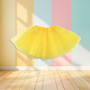 yellow tulle skirt front view, pastel colored wall in the background