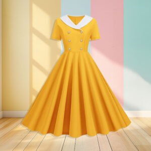 yellow vintage dress front view, pastel colored wall in the background