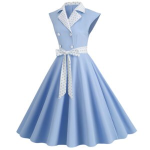 pale blue dress side view, white collar and white ribbon on it