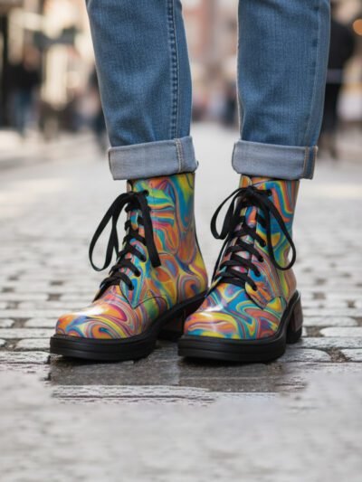 woman wearing colorful boots