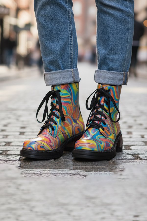 woman wearing colorful boots