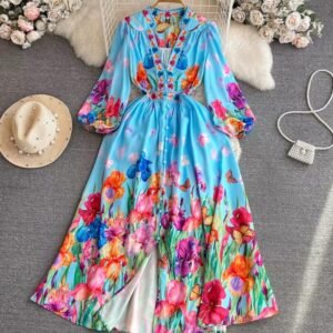 blue floral dress on the grey background