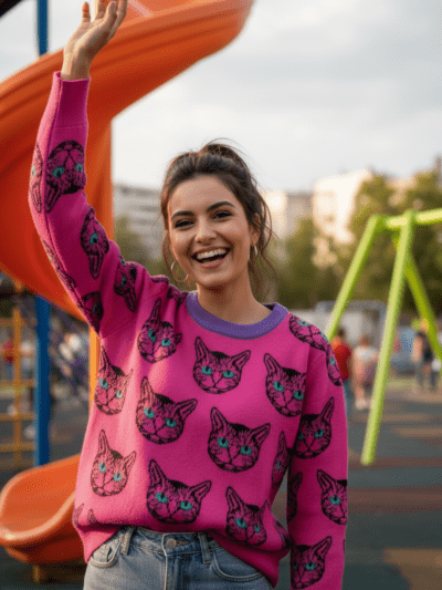 woman with brown hair put in a bun wearing purple cat sweater, playground in the background