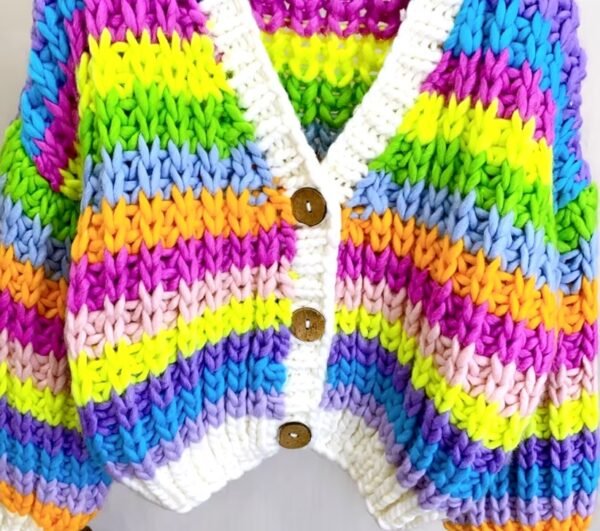 the bottom and the buttons of colorful knit cardigan