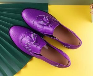 colorful loafers collection front view featuring vibrant purple loafers
