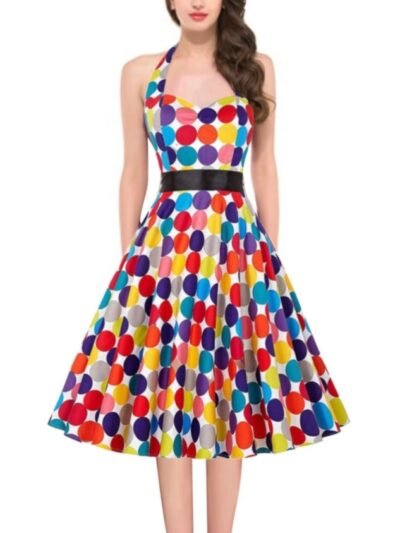 woman wearing colorful polka dot dress