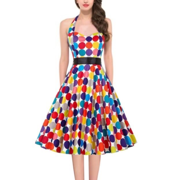 woman wearing colorful polka dot dress