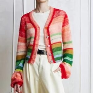 woman wearing colorful striped cardigan