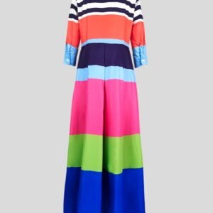 the backside of the colorful striped dress on the grey background