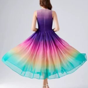 woman turned to her back wearing colorful summer dress