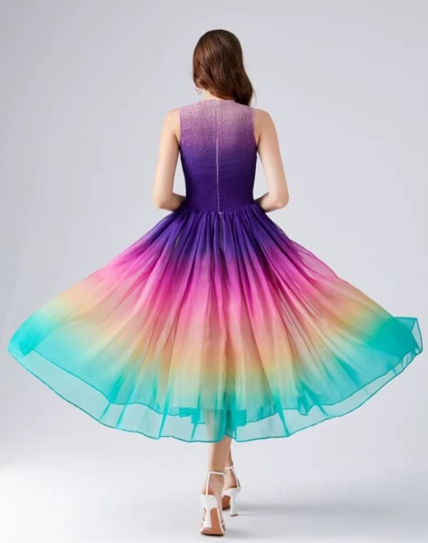 woman turned to her back wearing colorful summer dress