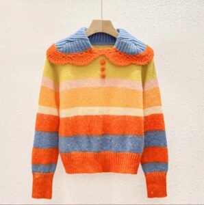 Colorful Sweater Collection front view featuring striped orange sweater hanging on a hanger