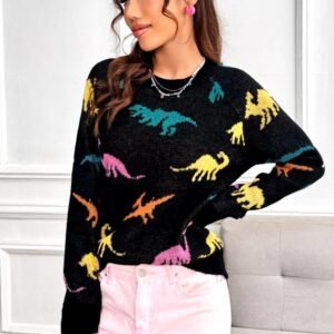 woman wearing dinosaur sweater