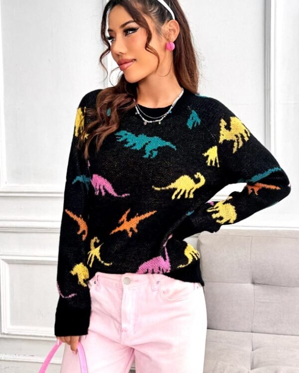 woman wearing dinosaur sweater