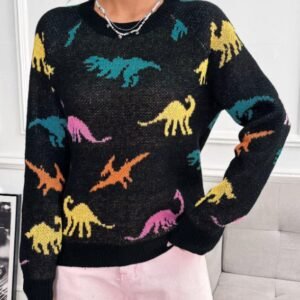 woman wearing dinosaur sweater, a sofa in the background