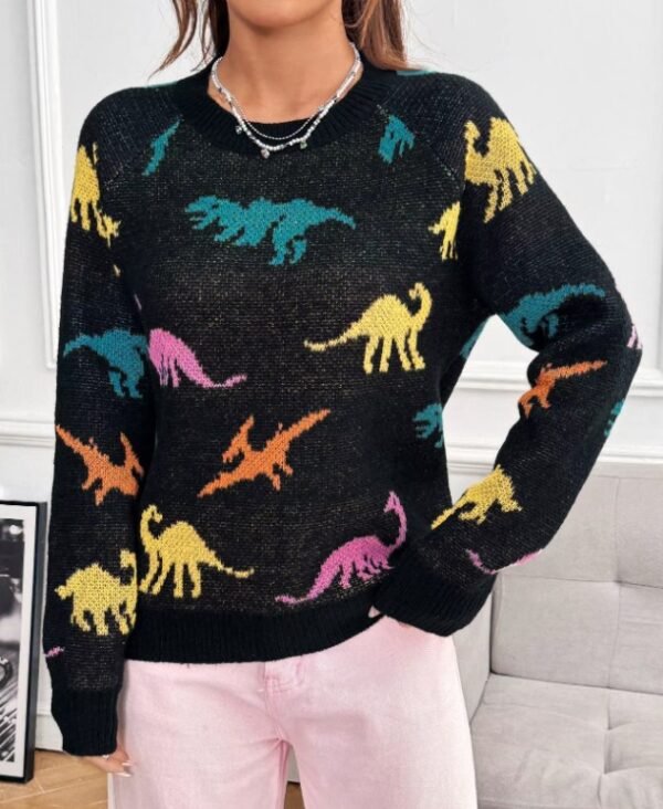 woman wearing dinosaur sweater, a sofa in the background