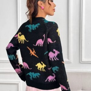 woman turned to her back wearing dinosaur sweater