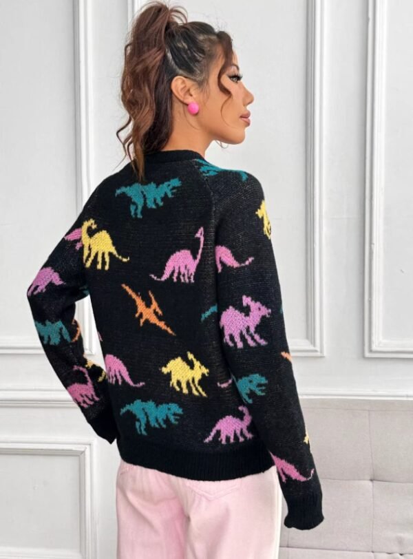 woman turned to her back wearing dinosaur sweater