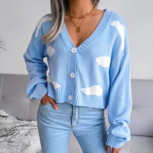 woman wearing light blue cardigan