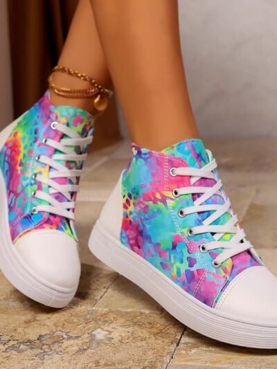 woman wearing multi colored sneakers