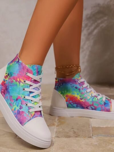 woman wearing multi colored sneakers and turning her feet to the side