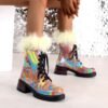 woman wearing multicolor boots and white fluffy socks