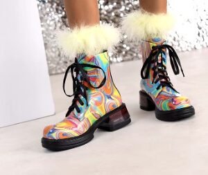 woman wearing multicolor boots with bright socks