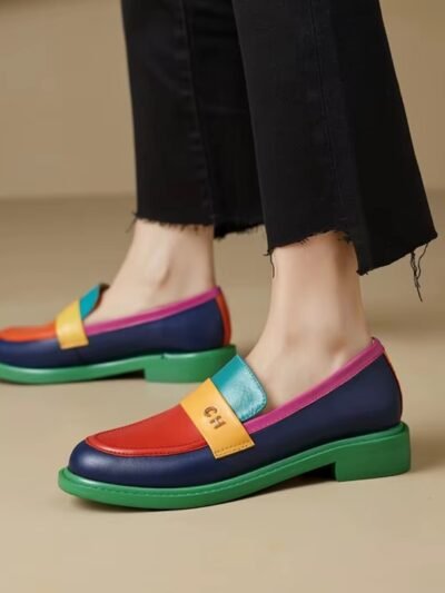 woman wearing multicolor loafers