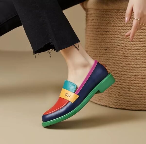 woman wearing one multicolor loafer