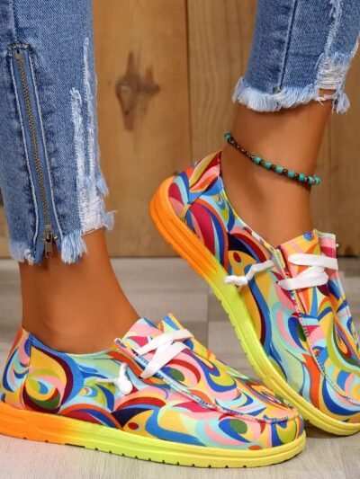 woman wearing multicolor sneakers