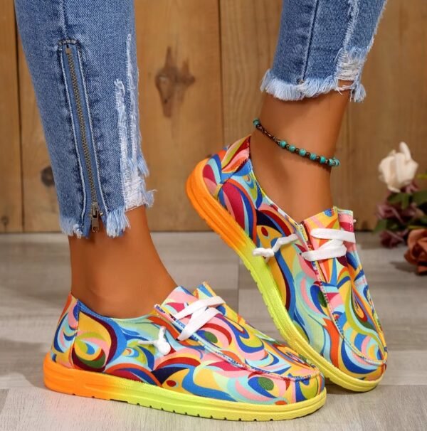 woman wearing multicolor sneakers