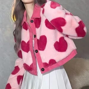 woman wearing pink cardigan with hearts and a white skirt