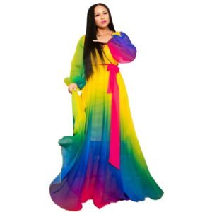 woman wearing rainbow dress