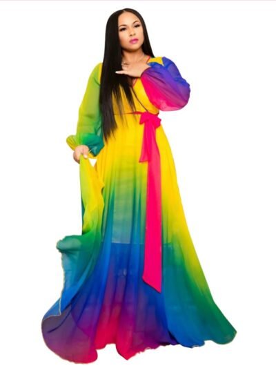woman wearing rainbow dress