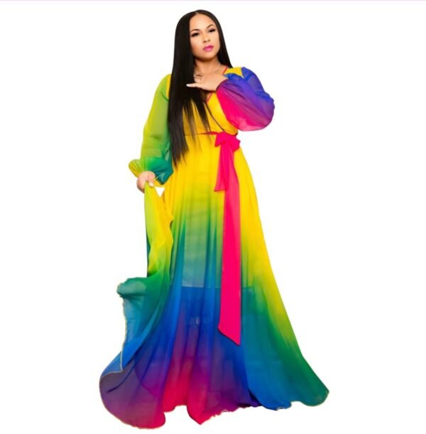 woman wearing rainbow dress