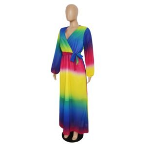 rainbow dress turned to the side on a mannequin