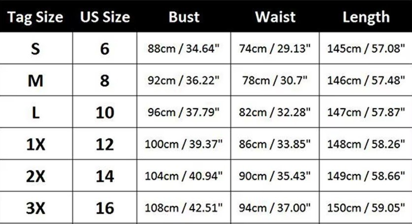 rainbow dress size chart