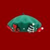 Christmas beret in a green color on the red background