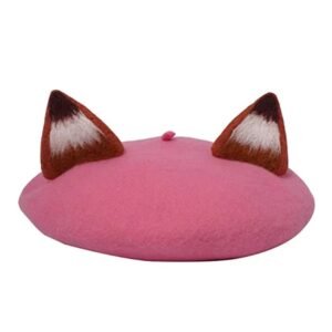 pink colorful beret with ears on the white background