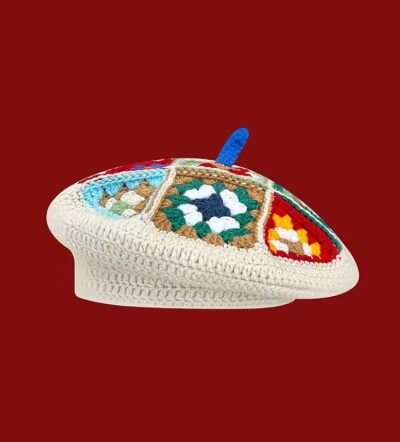 colorful crochet beret side and front view on the red background