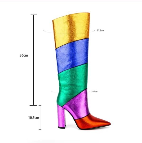 colorful high boots on the white background with the measurements written around them