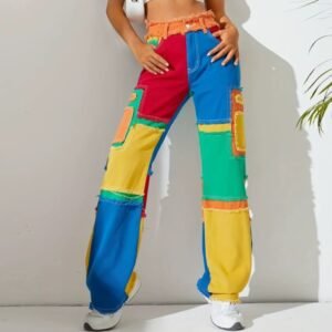 woman wearing colorful jeans