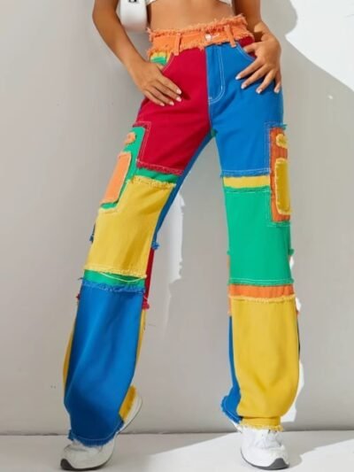woman wearing colorful jeans