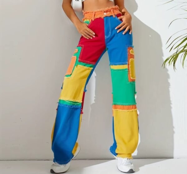 woman wearing colorful jeans