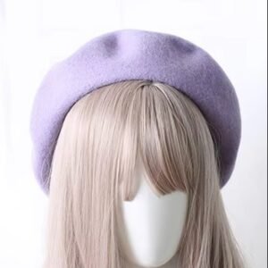 front side of purple colorful pastel beret on a mannequin